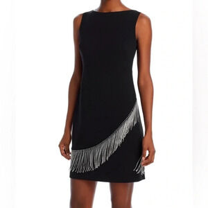 Eliza J Dress Women’s 2 Rhinestone Trimmed Fringe Embellished Black Mini